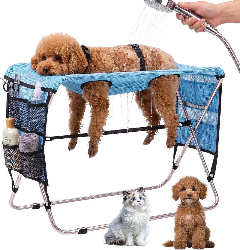Pet Grooming Hammock for Small Dogs Cats Under 30 lbs, Stainless Steel Bracket, 30-Pound Weight Capacity, Foldable Dog C
