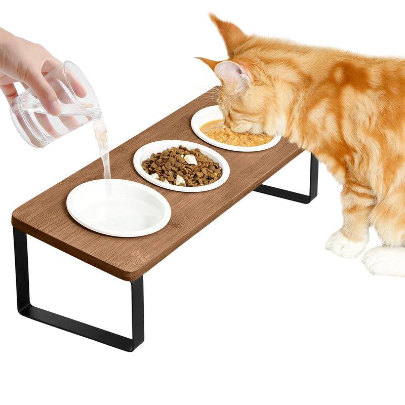Sunhoo Raised Cat Food Water Bowl Elevated Tilted Kitty Dishes Set of 3 Ceramic Dish for Indoor Cats Orthopedic Pet Food Stand Reduces Vomiting 3 Bowl Cat Feeder Easy Assembly(Brown)
