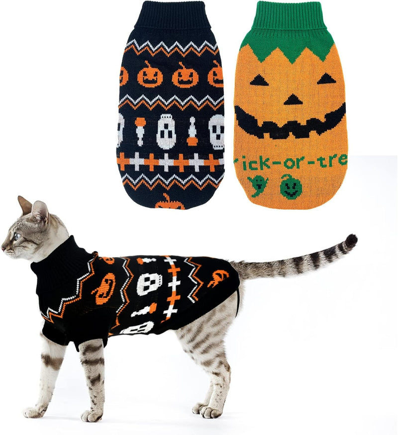 2Pcs Pet Halloween Sweaters Dog Halloween Pumpkin Sweater Kitten Cat Holiday Theme Turtleneck Knitwear Shirt with Pumpki