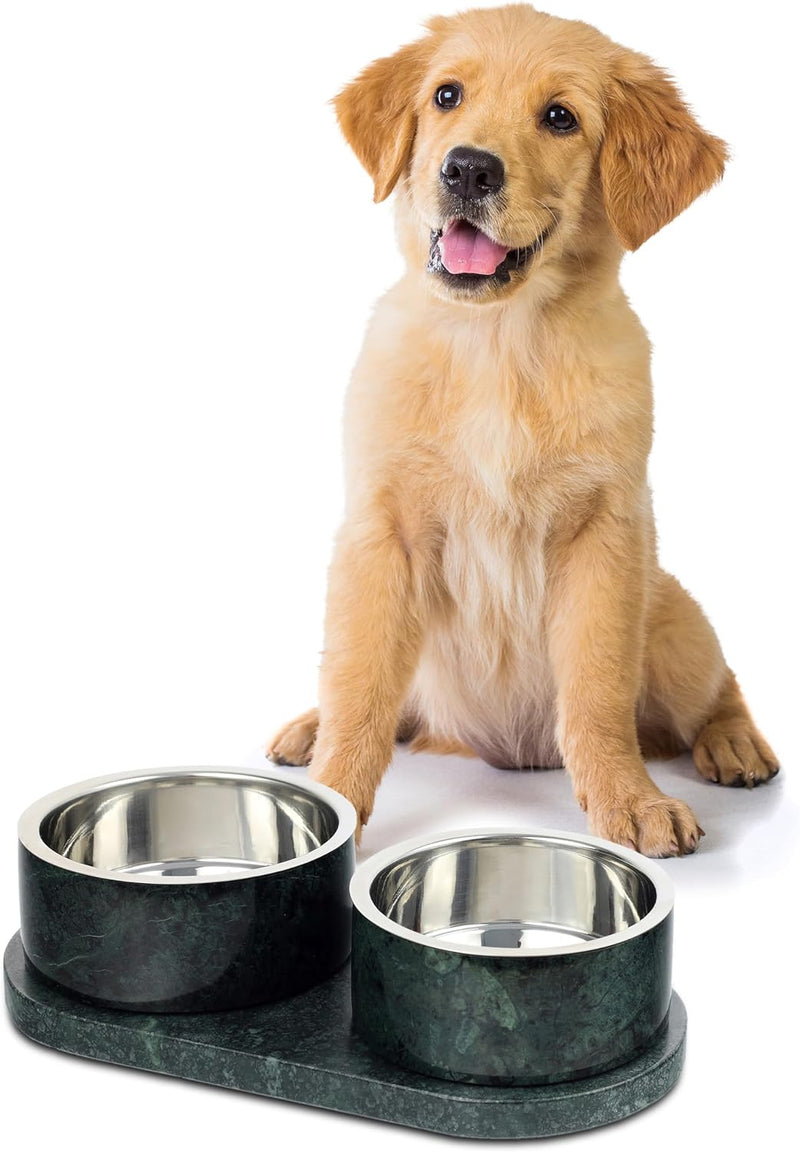 DBL1000A Marbre Small/Medium Modern Weighted Double Marble and Stainless Steel Bowl 12oz (1.5 Cups) Feeder with Non-Slip