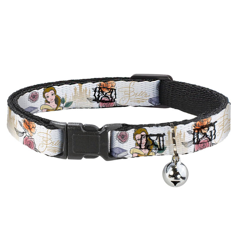 Disney Breakaway Cat Collar with Bell, Plastic Clip, Easy Adjustable, Beauty and The Beast Belle Castle Pose with Script, 8.5 to 12 Inches 0.5 Inch Wide