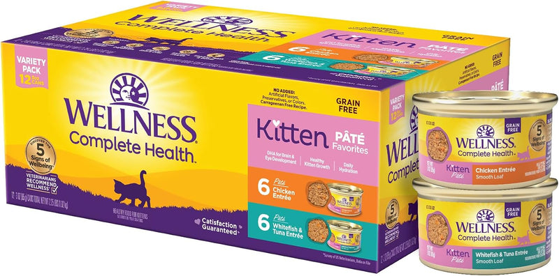Wellness Complete Health Pate Variety Pack Kitten Canned Wet Cat Food, Natural, Protein Rich, Grain Free, Whitefish and