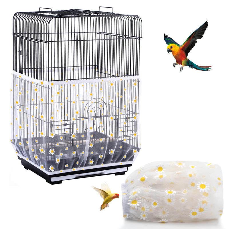 DECKALY Bird Cage Seed Catcher, Seed Catcher Guard Net Cover, Parrot Nylon Mesh Net Cover, Universal Soft Airy Cage Net Stretchy Skirt for Round Square Cages (Daisy-White, 15.7