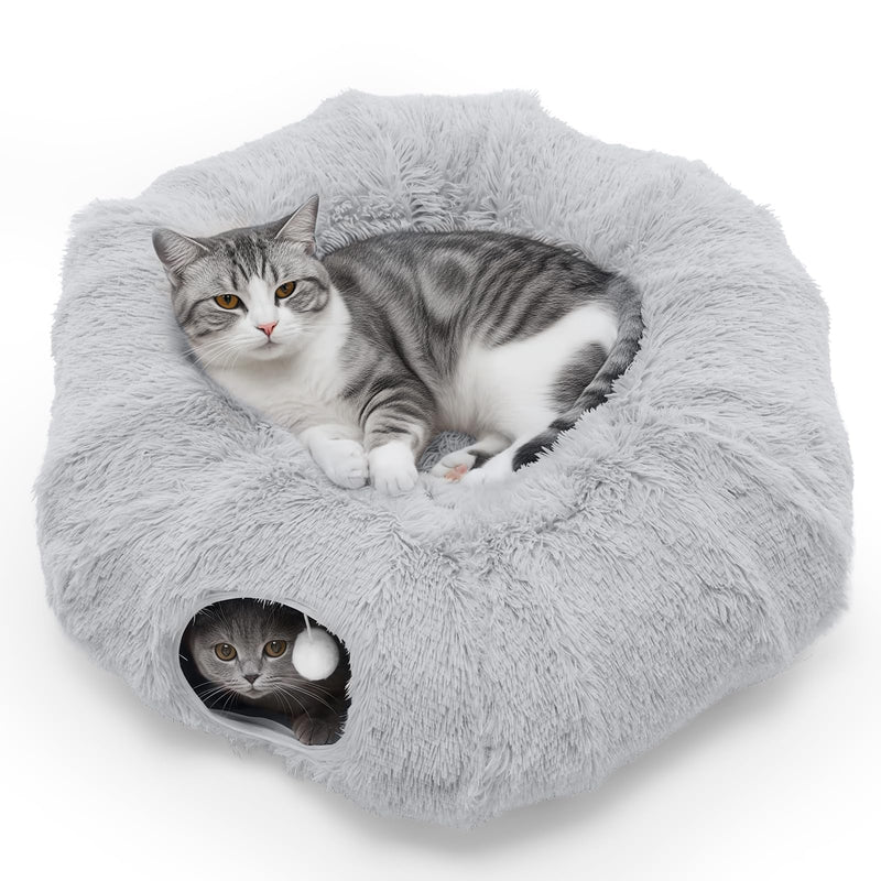 DUMOS Cat Tunnel Bed for Indoor Cats Cave Donut Play Tunnel with Soft Plush Peekaboo, Circle Cushion, Washable Multifunctional Playground Under Tree Pet Toys for Kittens, Puppy Rabbit, Ferret, Grey