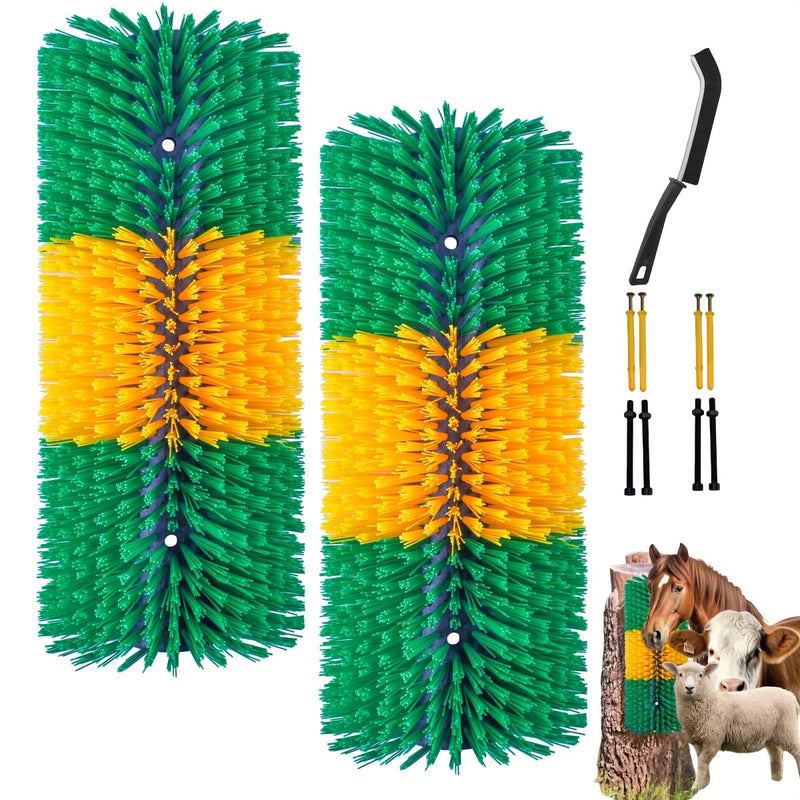 2PCS Livestock Scratching Brush, Goat Scratcher Post with Cleaning Brush, Grooming and Massage Brushes for Horse Cow She