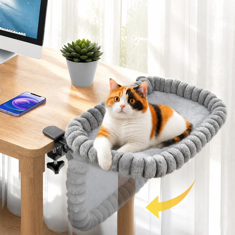 Pawow X-Large Cat Desk Bed - 90° Foldable Space-Saving Cat Beds, 2 Washable Covers (Faux Rabbit Fur & Cool Mesh), Heavy-Duty Frame Supports 40lbs, Easy Install Pet Perch for Office & Game Tables