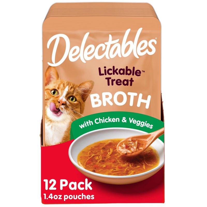 Delectables Lickable Treat Savory Broth Wet Cat Treat with Real Chicken & Veggies, Food Topper, Hydrating, Grain-Free, No Fillers, No By-Products, No Added Preservatives, 1.4oz Pouch, 12ct
