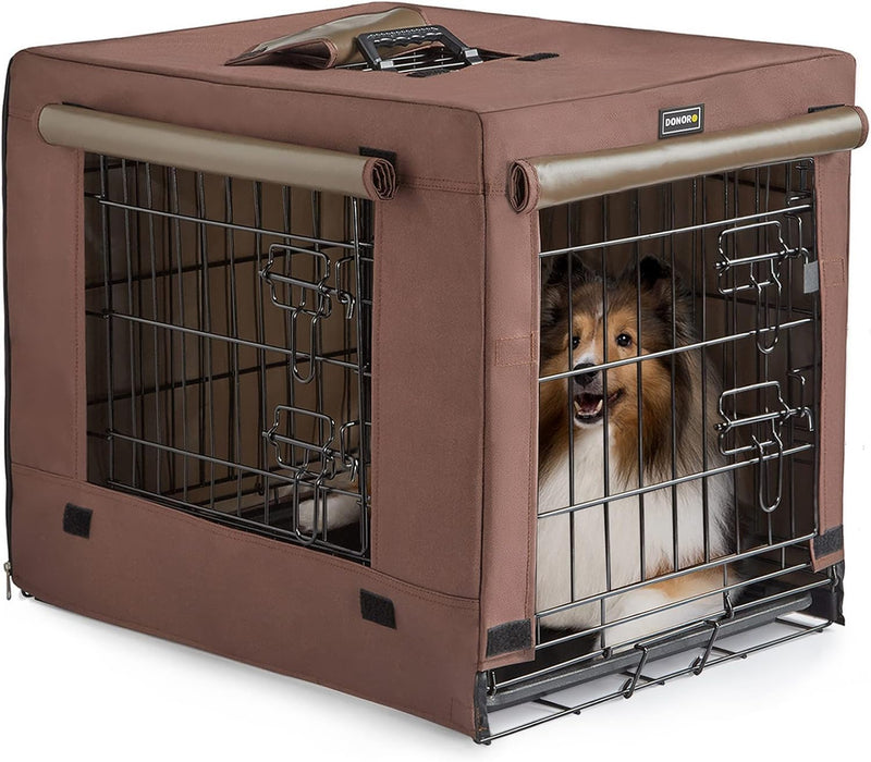 DONORO Dog Crates for Small Size Dogs Indoor Double Door Dog Kennels & Houses for Puppy and Cats, Collapsible Metal Contour Dog Cages (Brown, 24.0
