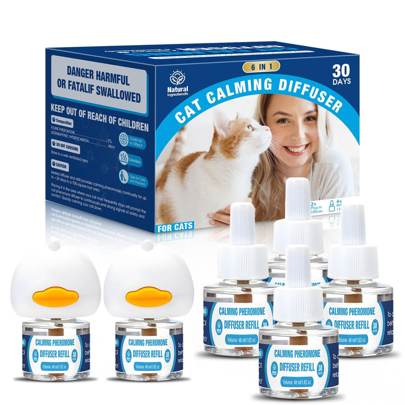 Cat Calming Pheromones Diffuser: 6-in-1 Kit Cat Appeasing Pheromone Diffuser to Calm (2 Plugin+4x48ml Refills) for Comfort Reduces Stress Anxiety, Long-Lasting Appeasing Pheromone for Pet Cat (6in1)