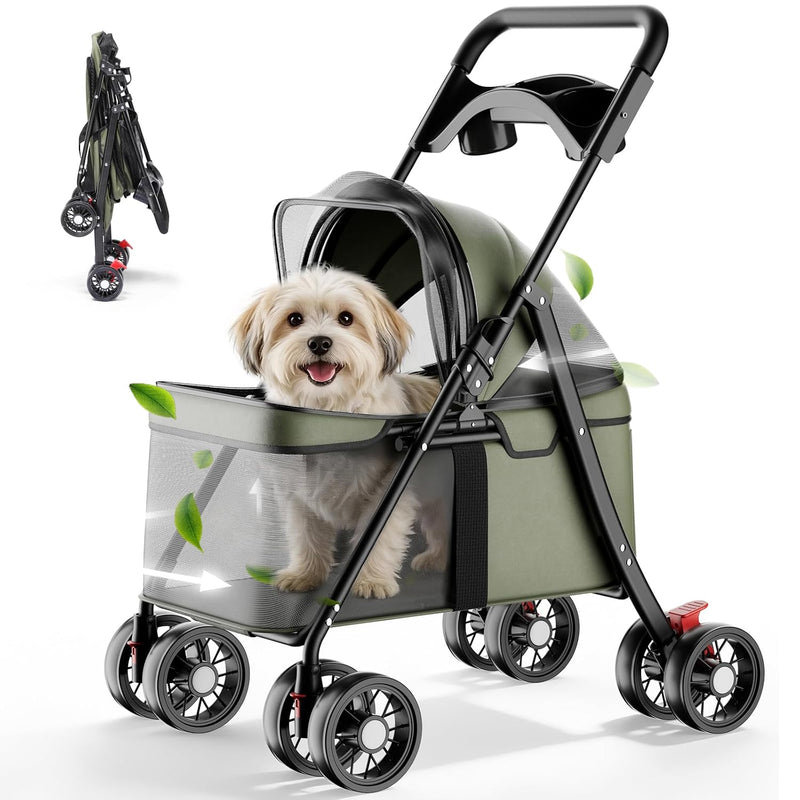 GTPLAYER Foldable Pet Stroller for Small Dogs and Cats, Holds Up to 33 lb, 4-Wheel Stroller with 2 Safety Tethers, Parti