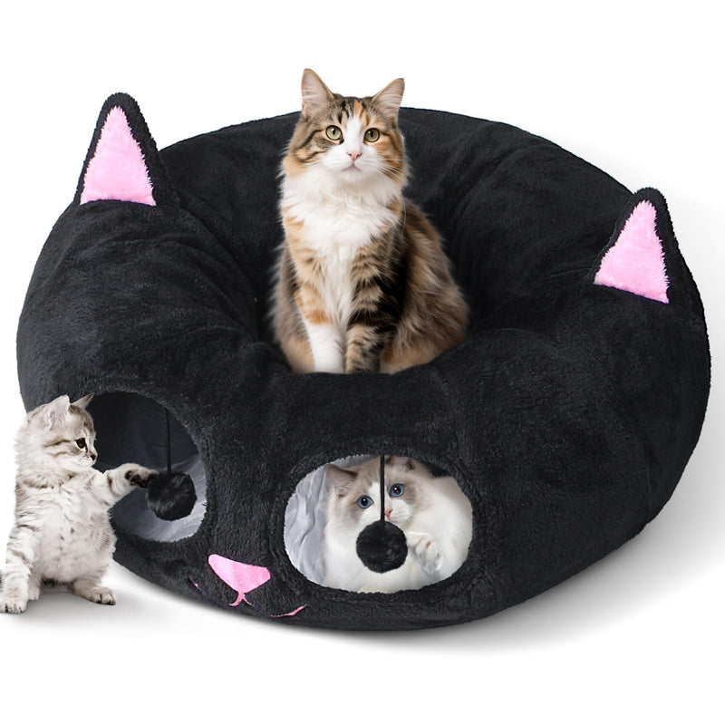Cat Tunnel Bed for Indoor Cats, Peekaboo Cat Cave with Washable Soft Play Mat, Furry Cat Tube, for Kitten/Puppy/Rabbit, Kitten Series Black Pink