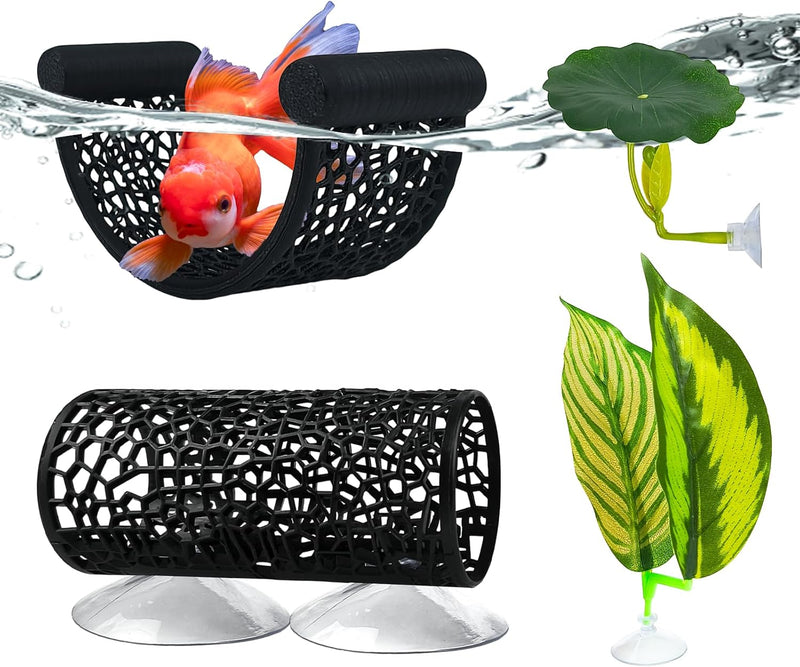 4Pack Betta Hammock Set、 Fish Tank Decor、 Fish Hammock & Hide Tunnel Betta Leaf Pad for Aquarium Decoration, Resting, Hi