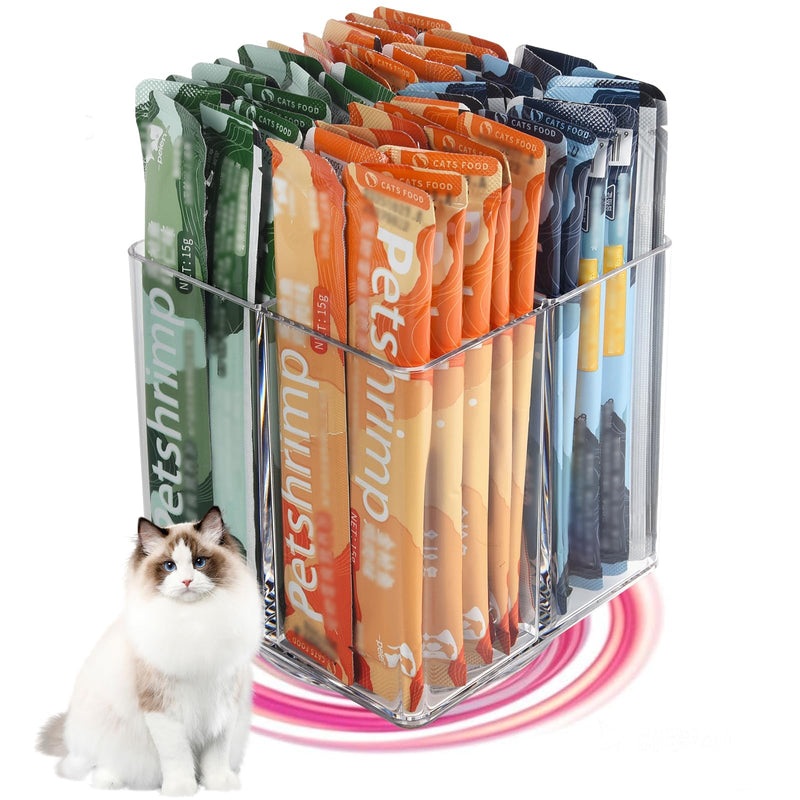 Lickable Cat Treats Organizer, Lazy Susan Acrylic Squeeze Up Cat Treats Storage Organizer with 4 Compartments, Wet Cat Food Storage Container for Kitchen Cabinet Pantry Shelf Countertop(Square)