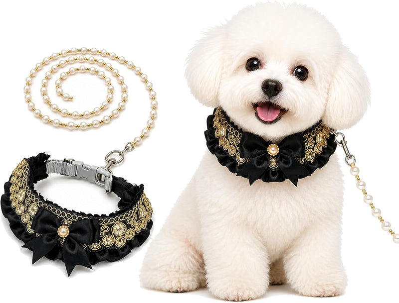 Dog Wedding Collar & Pearl Leash Set for Small Dogs, Black Gold