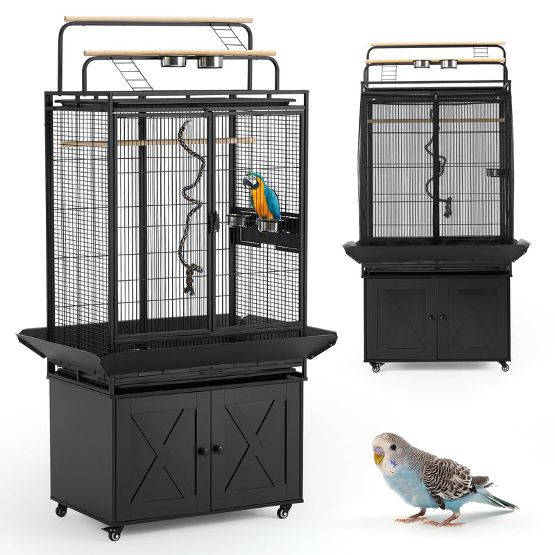 AVAWING 70-Inch Bird Cage with Play Top & Storage Cabinet, Tall Big Bird Flight Cage with Pull-Out Tray, Feeders, Cover, Stand, Rope, Metal Bird Aviary for Macaw Parakeet Cockatiel Budgie, Black