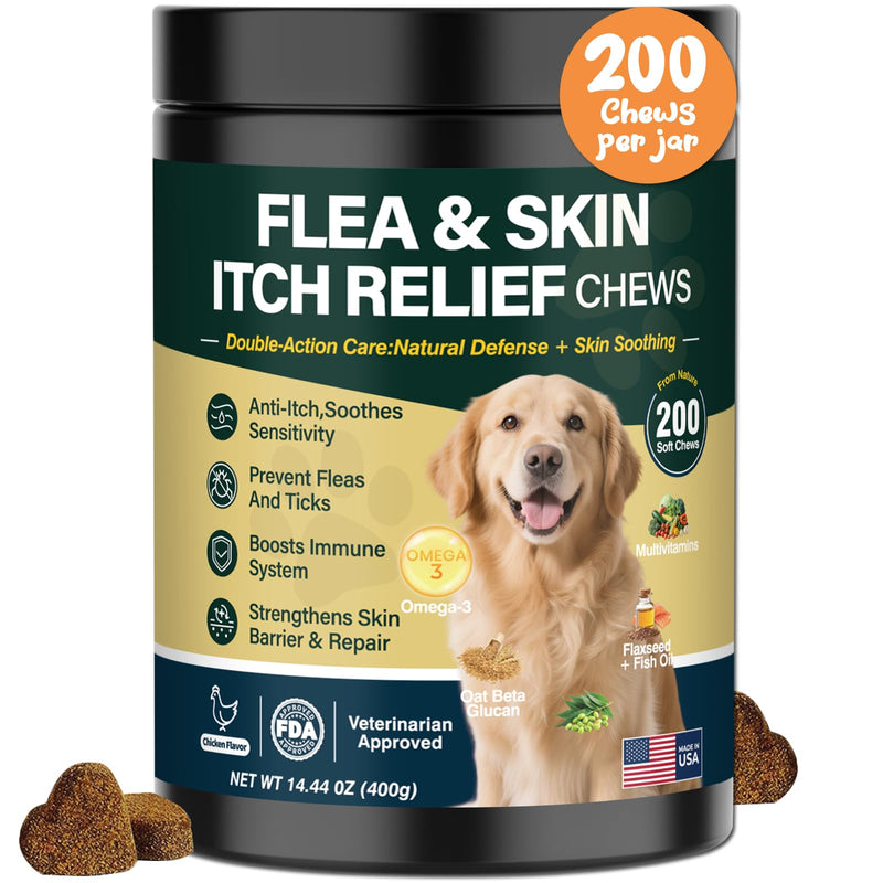 Dog Flea and Tick Prevention Allergy Chews - Omega 3 Skin and Coat Supplement,Immune Support,Natural Yeast,Itching & Licking Relief Treatment Chewable,Bites,Chews for Dogs Itching-200 Count