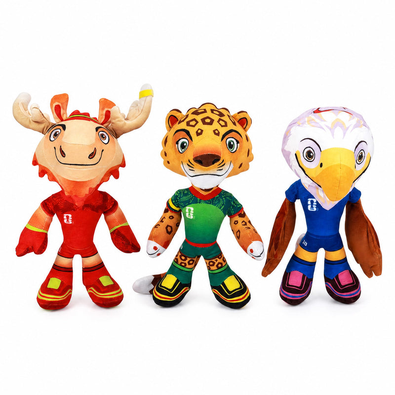 FIFA® World Cup 2026 Licensed Mascot 11“ Plush Pet Toy Set – Clutch, Mapple & Zayu, Pet Plush Build-in Crinkle Paper for Fan's Pet