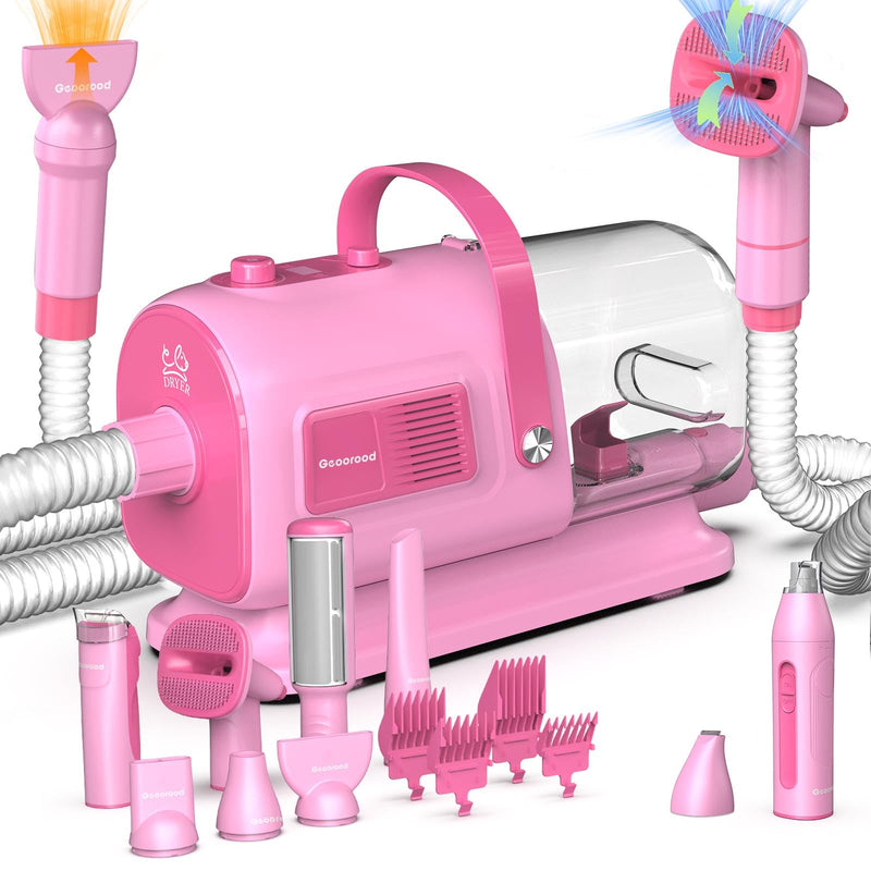 geoorood Dog Grooming Vacuum and Dryer Kit, Blower for Pet Vacuum Grooming 7 in 1 with Clippers for Dogs Hair Shedding Brush Remover Tools at Home Pink
