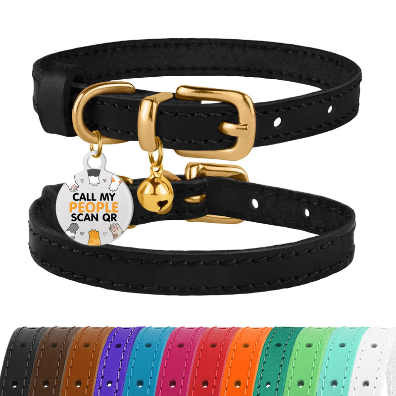 BRONZEDOG Leather Cat Collar with Removable Bells Non Breakaway Kitten QR Tag for Girl Boy (7