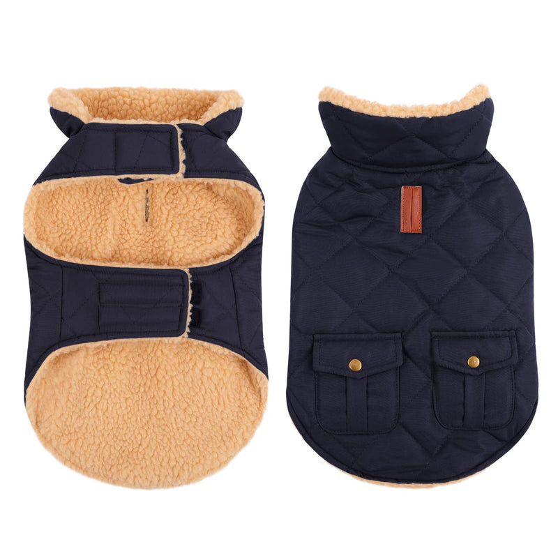 Queenmore Warm Puffer Dog Coat, Quilting Winter Jacket Ultra Thick Plush Lining with Storage Pockets (Dark Navy, Small)