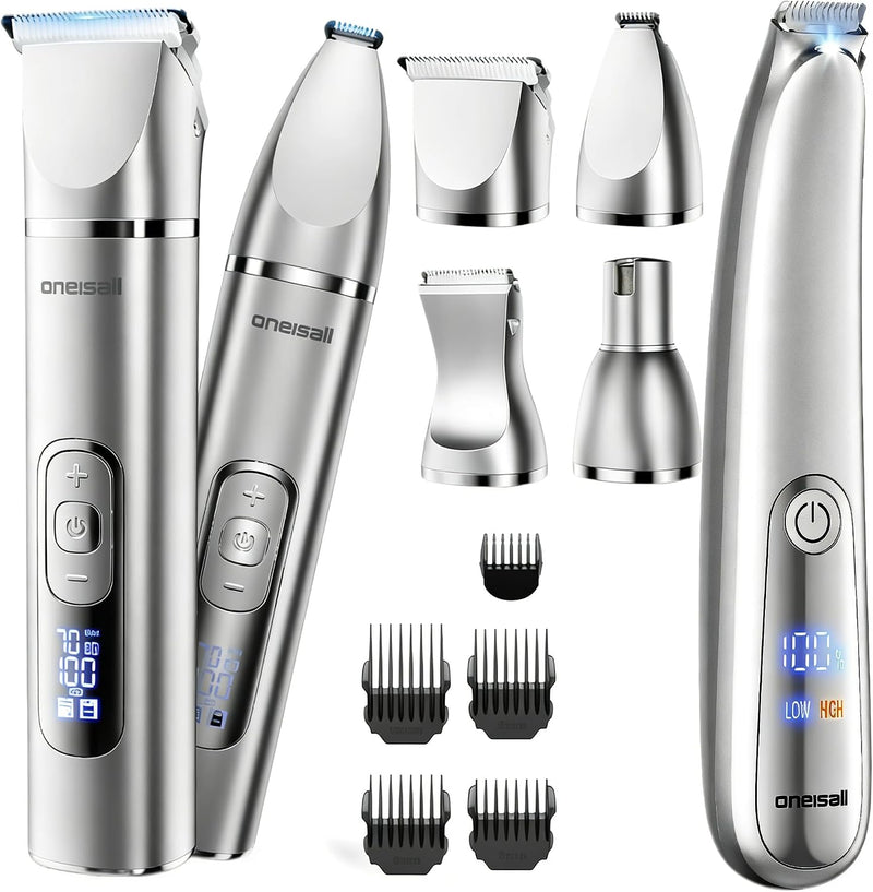 oneisall 4 in 1 Dog Grooming Kit with LCD Display and 2-Speed Dog Paw Trimmer Silver