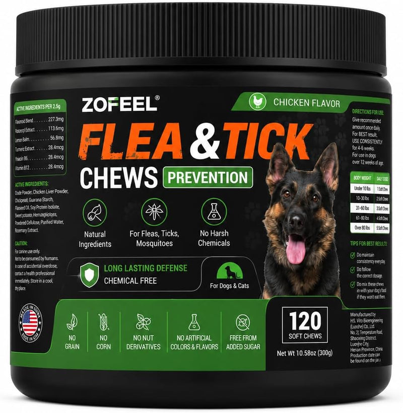 Flea & Tick Chews for Dogs, 120 Soft Chews, Chicken Flavor Dog Flea and Tick Support Supplement with Flaxseed Meal, Brew