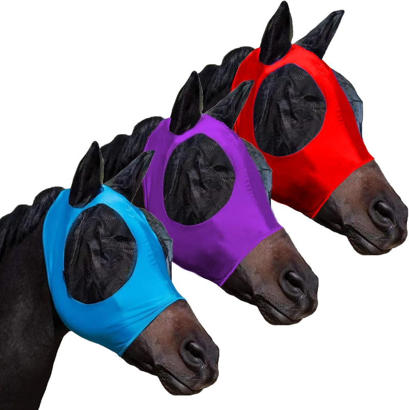 Fly Masks for Horses with Ears Set of 3, Comfort Fit Stretchy Fabric with UV Protection Soft on Skin Breathability for A