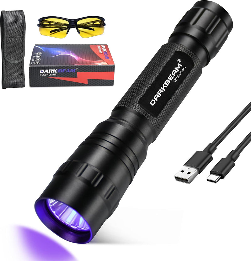 DARKBEAM Flashlight UV 395nm Black Light, Mini & Powerful Wood’s Lamp USB -C LED Rechargeable Blacklight, 10W Portable P