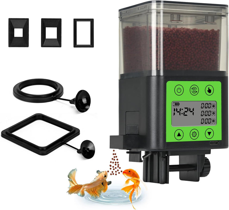 Lychee Automatic Fish Feeder USB Rechargeable 320ML Large Capacity Aquarium Fish Food Dispenser with Two Feeding Ring, M