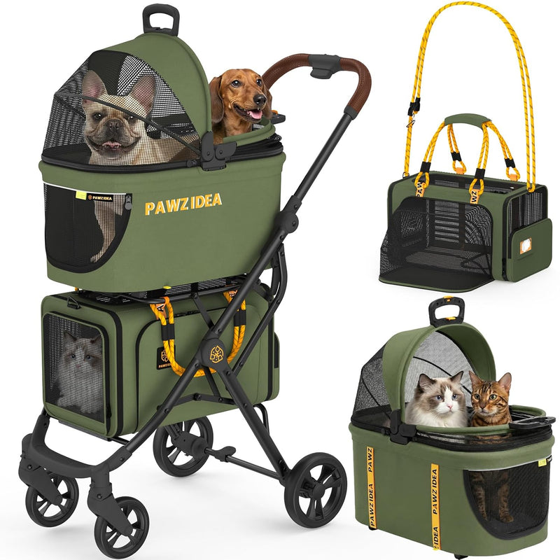 PAWZIDEA Double Pet Stroller with 2 Detachable Carrier for Multiple Pets