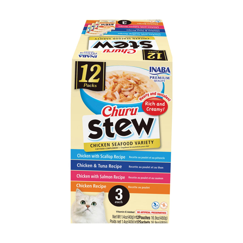 INABA Churu Stew for Cats, Side Dish Pouch with Vitamin E, 1.4 Ounces per Pouch, 12 Pouches, Chicken & Seafood Variety