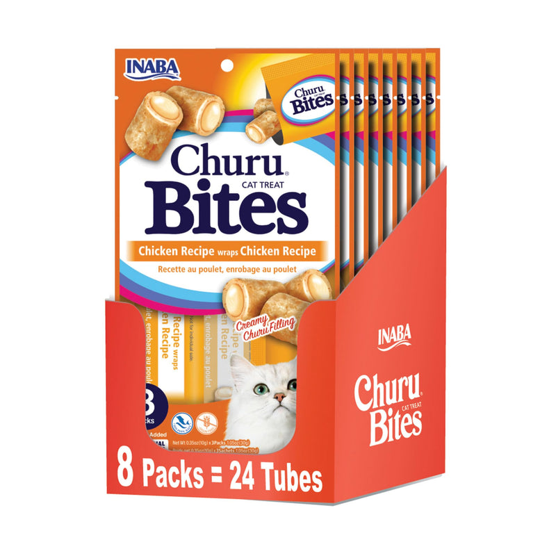 INABA Churu Bites for Cats, Soft/Chewy Baked Chicken Wrapped Churu Filled Cat Treats with Vitamin E, 0.35 Ounces per Tube, 24 Tubes Total (3 Tubes per Pack), Chicken Recipe