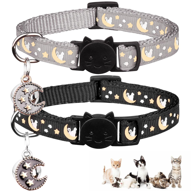 Baeuppit 2Pcs Breakaway Cats Collars Cat Collars for Boy & Girl Cats Adjustable Kitten Collars with Bell,Black+Gray