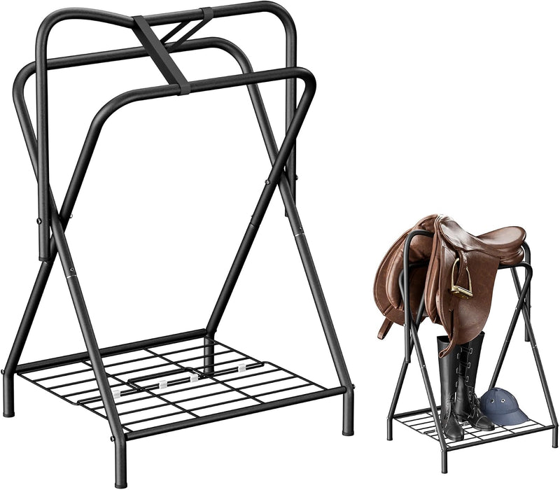 Dunatou Foldable Saddle Rack with Bottom Storage Shelf – Heavy Duty Horse Saddle Stand for English & Western Saddles, Po