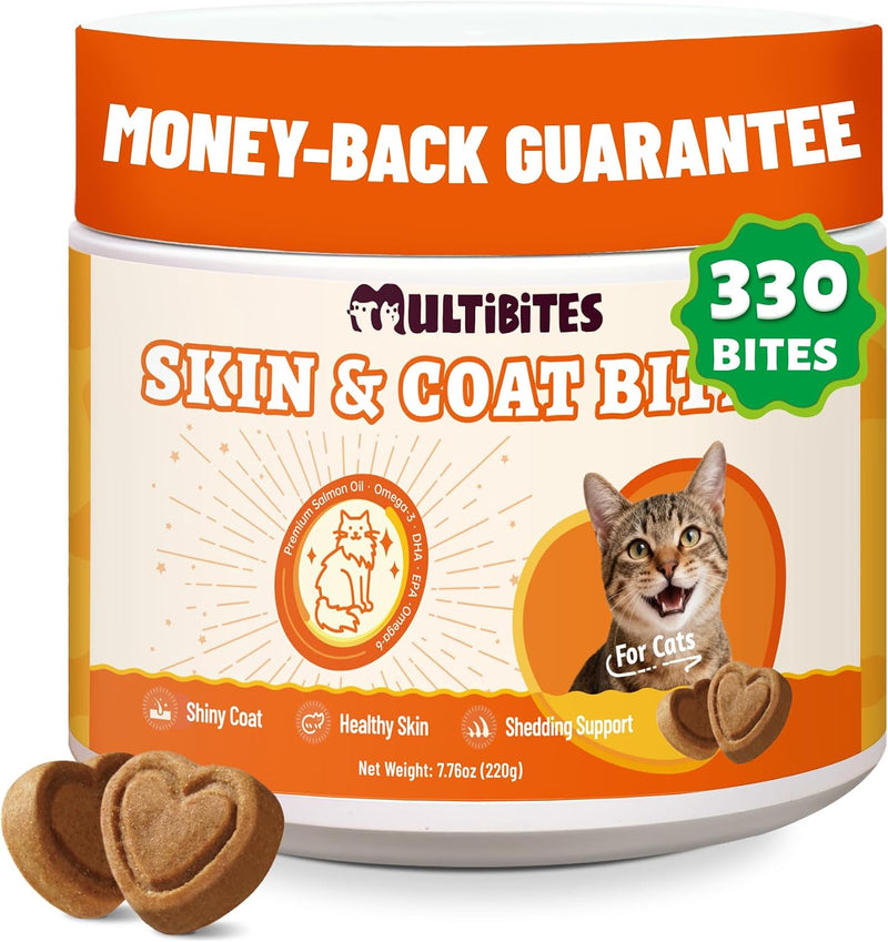 MUITIBITES 7.76 oz Skin & Coat Bites for Cats - with Omega 3, Omega 6 from Salmon Oil for Cats,Cat Vitamin E, Biotin - Supports Cat Skin Care,Anti Shed & Allergy Relief - Cats Skin and Coat Supplement