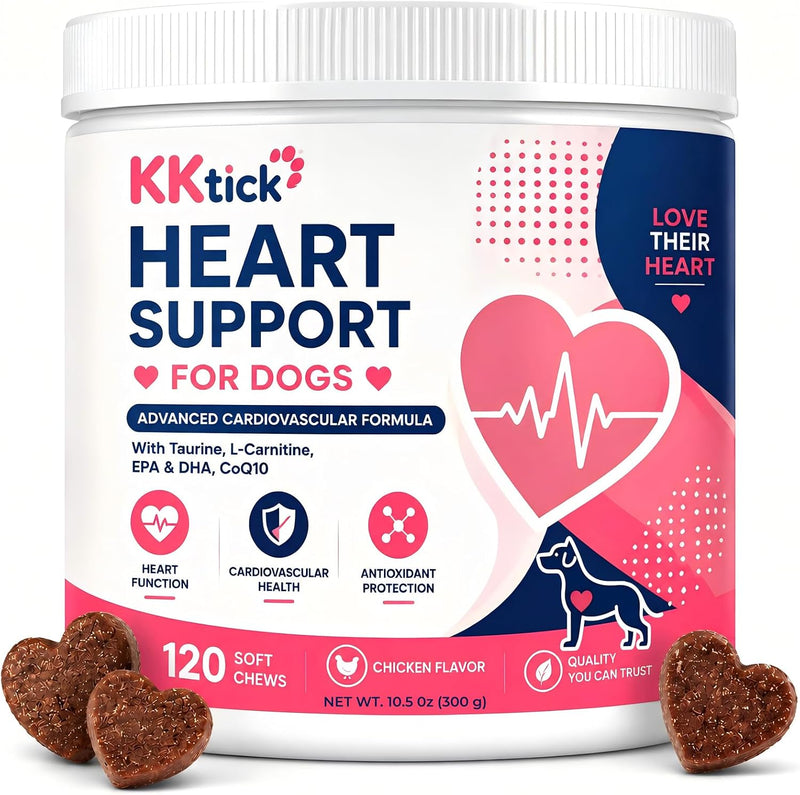 Heart Support for Dogs, Taurine & CoQ10 Soft Chews with L-Carnitine, EPA & DHA, Cardiovascular Support, Senior Heart Hea