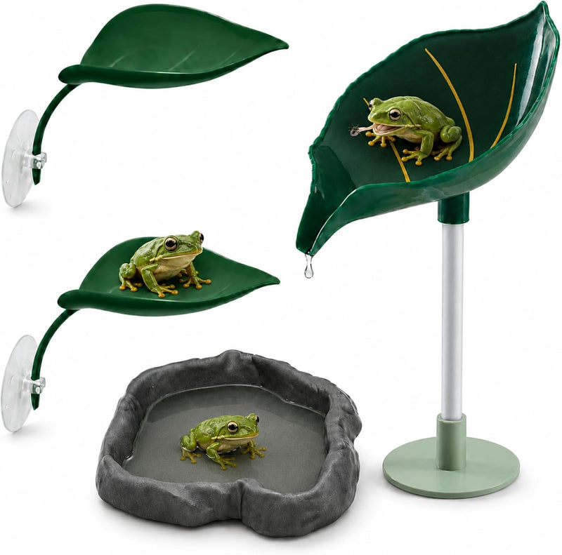 Tree Frog Tank Accessories Water Dish, 4-Piece Leaf Perch Set (Decor Bowl)