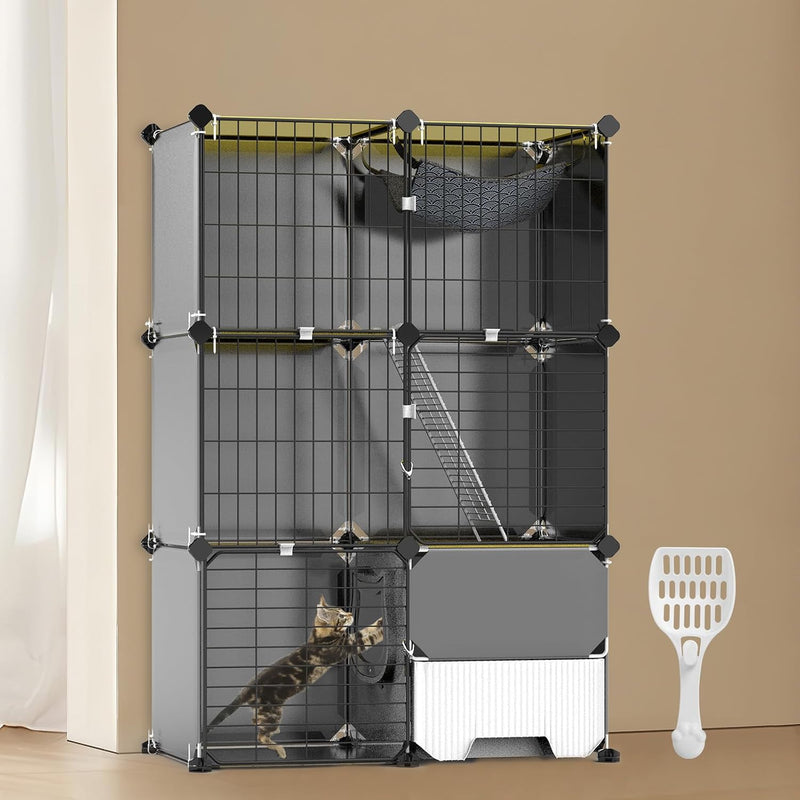 Cat Cage with Litter Box Hammock Ladders, 3-Tier DIY Indoor Kitten Cage