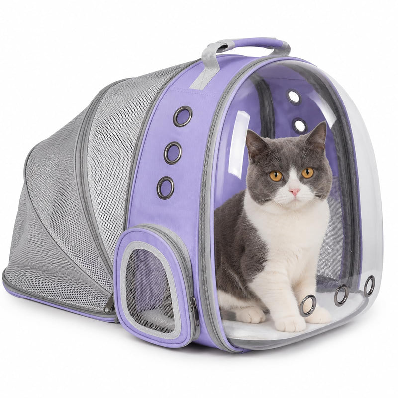 Expandable Cat Backpack Carrier, Breathable Clear Bubble Window Pet Carrier for Small Dogs and Cats up to 12 lbs, Airline Approved Travel Bag for Hiking and Outdoor Use (Back Expandable-Purple)