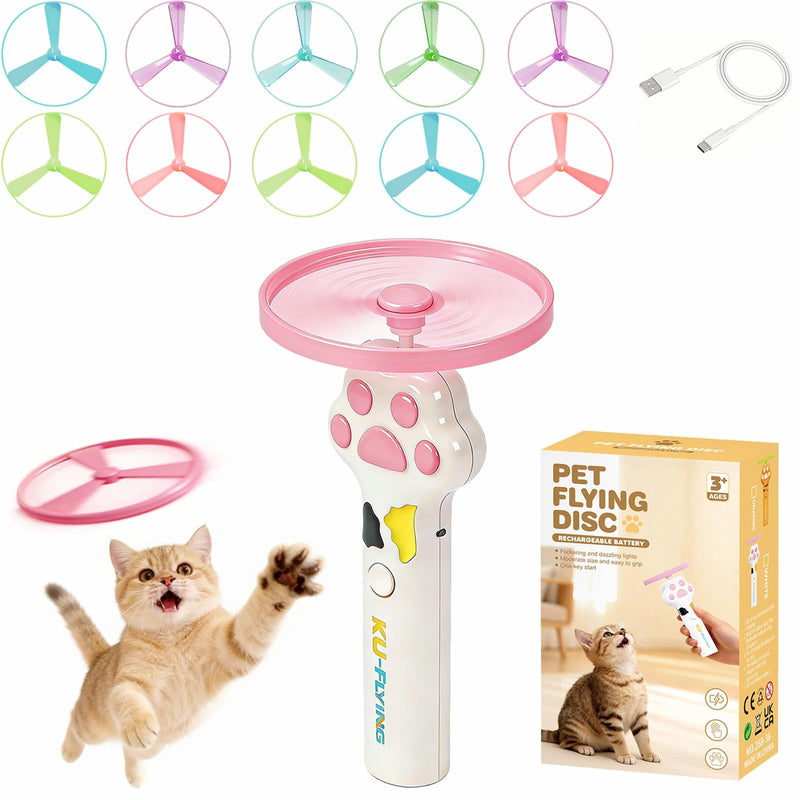PDVMWPJ Cat Fetch Toy Launcher with 10 Soft & Flexible Discs, Cat Toys for Indoor Cats, LED Glowing Launcher, Electric Interactive Kitten Toy for Hunting & Exercise, USB Rechargeable