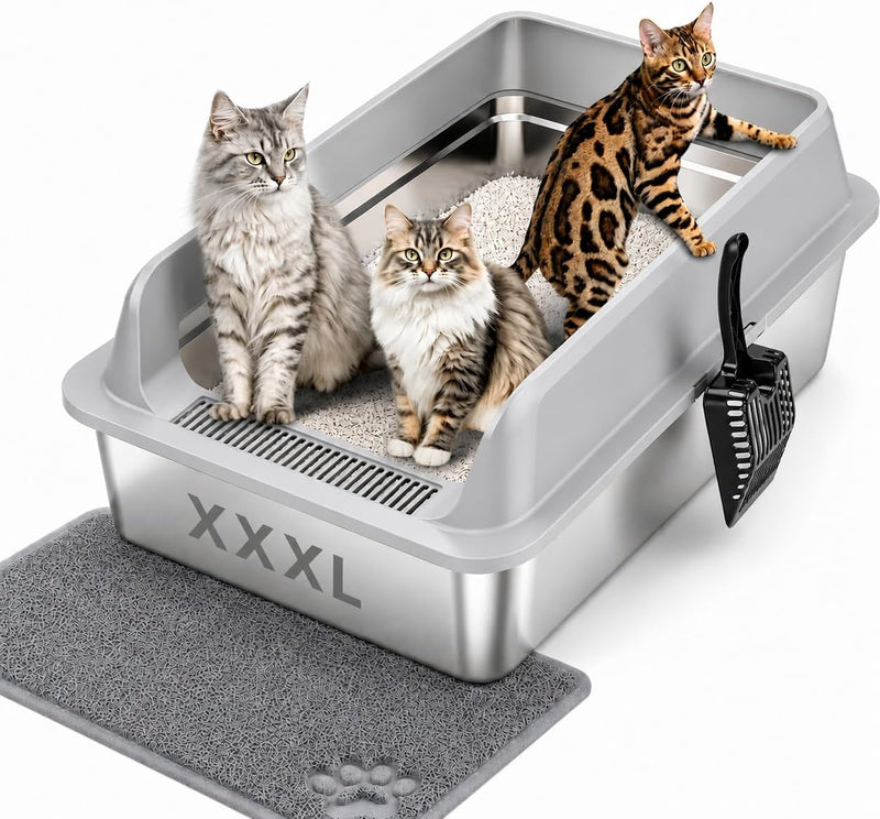 KalraMay XXXL/XXL Extra Large Stainless Steel Litter Box, Cool Gray