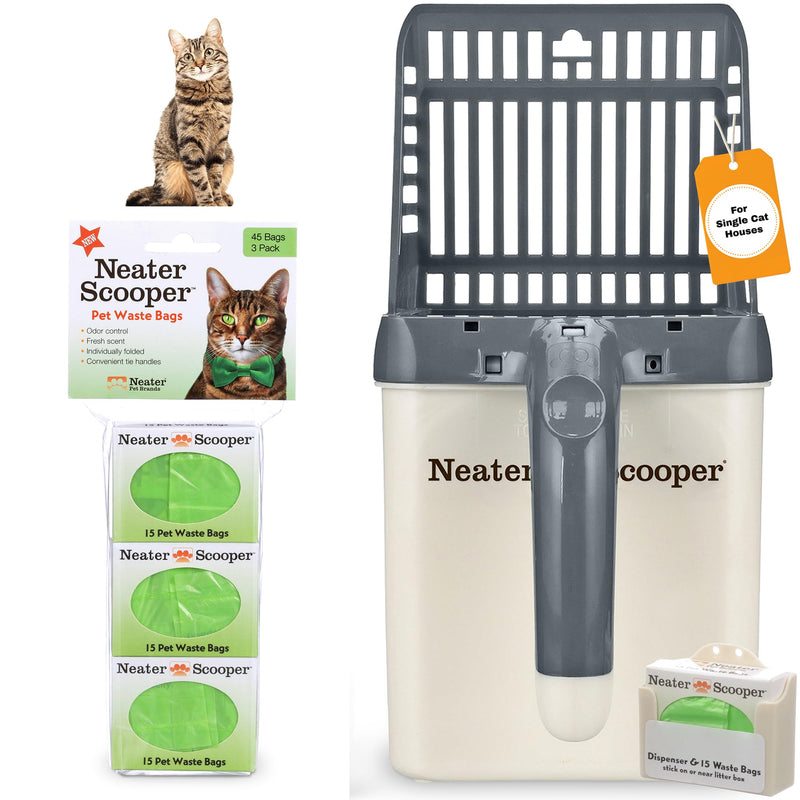 Neater Pet Brands Neater Scooper Standard Litter Scoop, 60 Refill Bags – Mess-Free Cat Litter Scooper with Bag, Spill-Proof Kitty Box Sifter, Bin Doubles as Scoop Holder, For Single-Cat Households