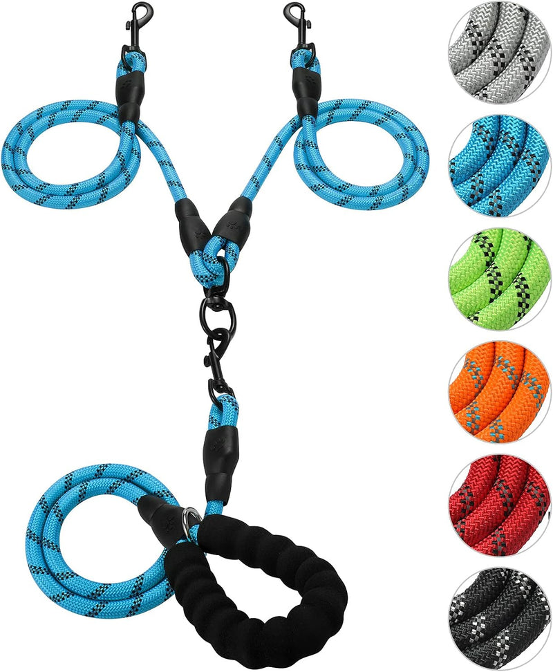 Double Dog Leash Reflective Detachable Coupler &360° Swivel Tangle Free,Heavy Duty Rope Leash Control with Padded Handle