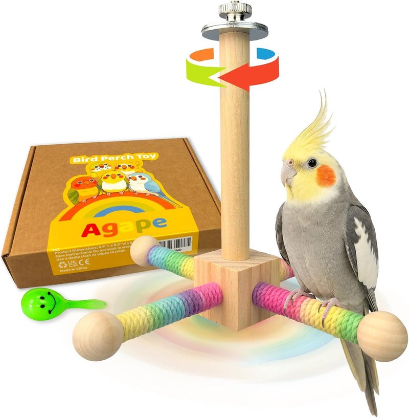 Agape Bird Toy, Parrot 360° Interactive Rotating Perch, Bird Cage Accessories for Small and Medium Parrots to Expend Energy, Wooden Stand for Parakeets Cockatiels Lovebirds Conures Finches Budgies