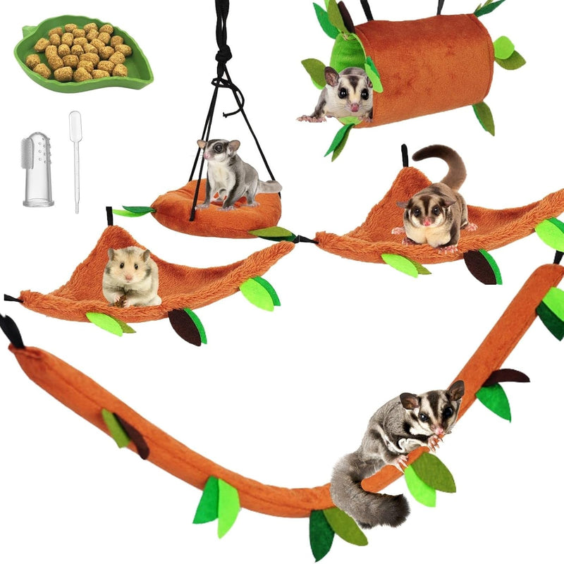 5Pcs Sugar Glider Supplies Cage Accessories Hammock Set Hanging Bed Hideout for Small Animal Pets Hamster Guinea Pig Squ