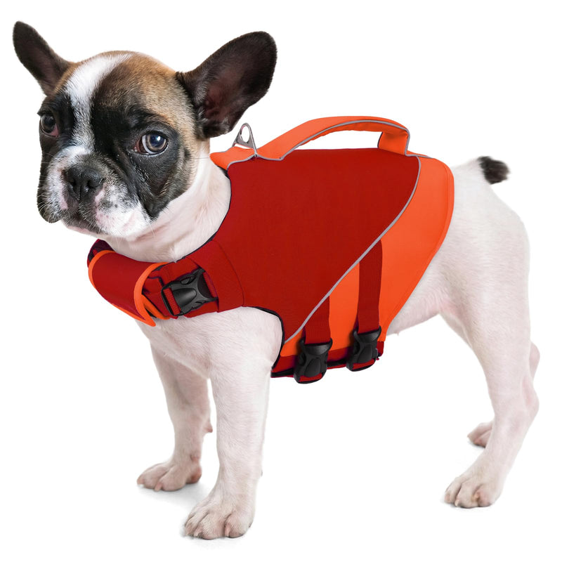 Queenmore Small Dog Life Jacket, Dog Life Vest for Swimming Boating, Puppy Swim Vest for Small Dogs, Ripstop High Visible Pet Water Vests with Strong Rescue Handle, Red S