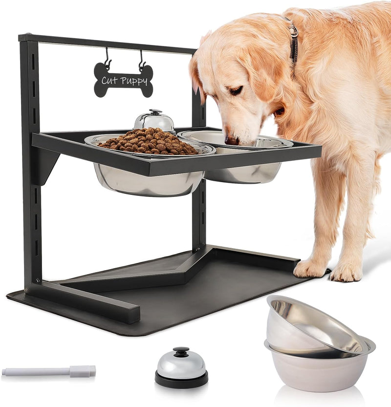 Grand Line Elevated Dog Bowls - 7 Height Adjustable, 10 Tilted Raised Stand With Spill Proof Mat, Two 1.5L Stainless Ste
