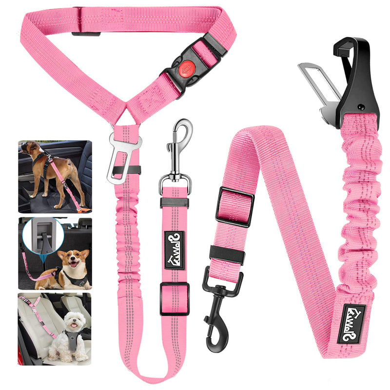 Lukovee Dog Seatbelt Leash for Cars, 2 Pack Pet Safety Seat Belt with Adjustable Buckle & Reflective Bungee, Connect Dog Harness in Vehicle Dogs Restraint Travel Daily Use (Pink)
