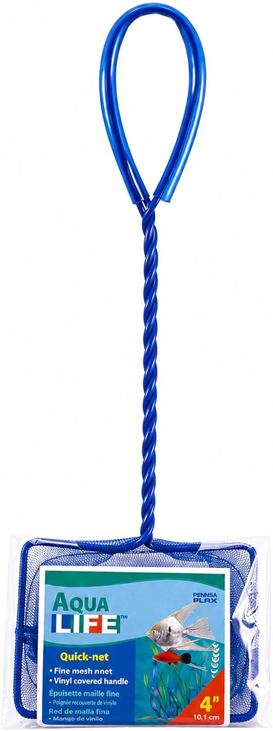 Penn-Plax Quick-Net Aquarium Fish Net - 4 x 3 in Fine Mesh, 10 in Vinyl-Covered Braided Handle - Small Aquarium Cleaning