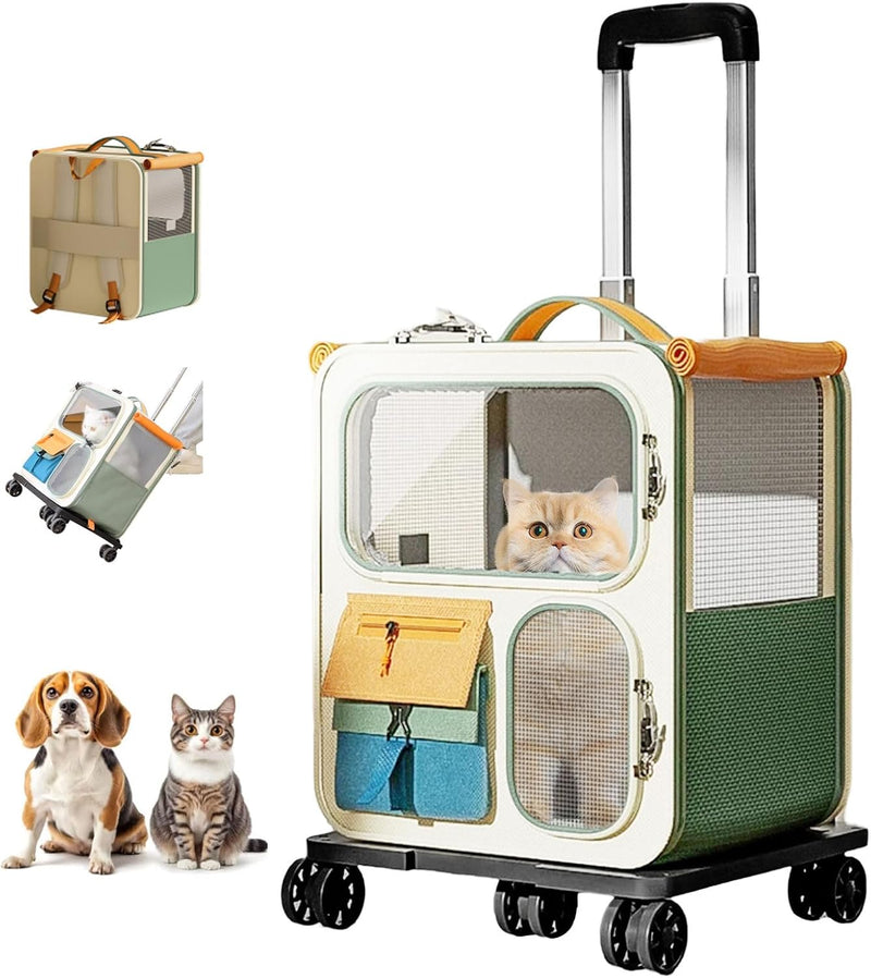 Cat Carrier with Wheels, Folding Rolling Pets Carrier on Wheel Soft Pet Handbag Cats Backpack, Dog Carriers up to 23 LBs